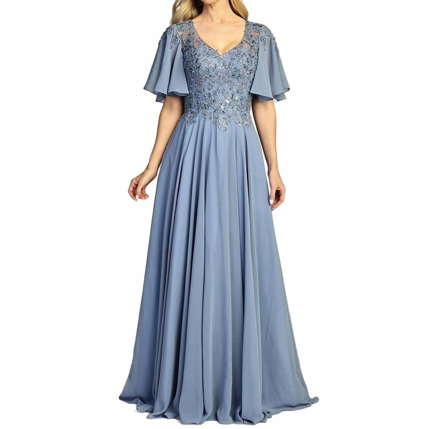 New Let's See Style Flutter Sleeve Gown In Slate Blue